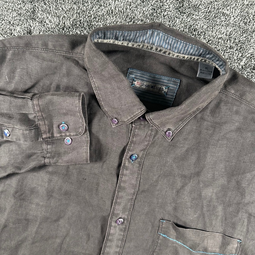 32 Bar Blues Shirt Mens XL Charcoal Brown 100% Linen Button Down Long Sleeve